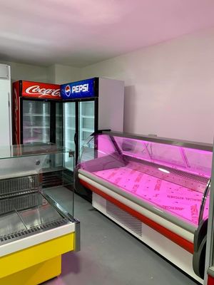 Special Curved Glass Butcher Meat Freezer Supermarket Air Cooling